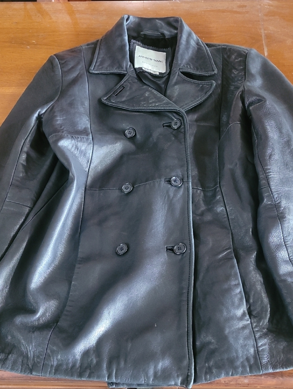 Andrew Marc Genuine Soft Leather Black Double-Breasted Coat Jacket EUC